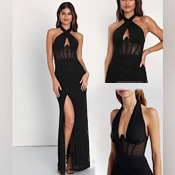 Lulus Never-Ending Glamour Black Mesh Cross-Front Halter Maxi Dress, Size M - Picture 1 of 17